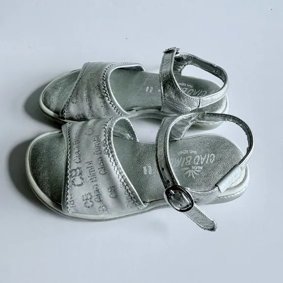 Ciao Bimbi Silver Leather Girls Sandals Size EU 27 CB Logo Straps Buckle Italy