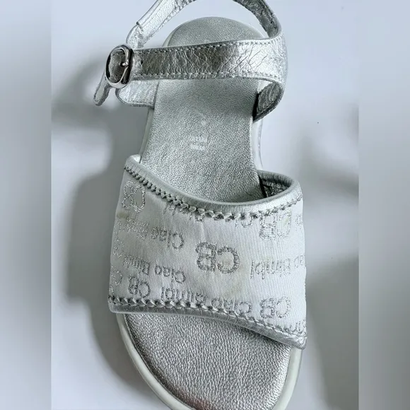 Ciao Bimbi Silver Leather Girls Sandals Size EU 27 CB Logo Straps Buckle Italy