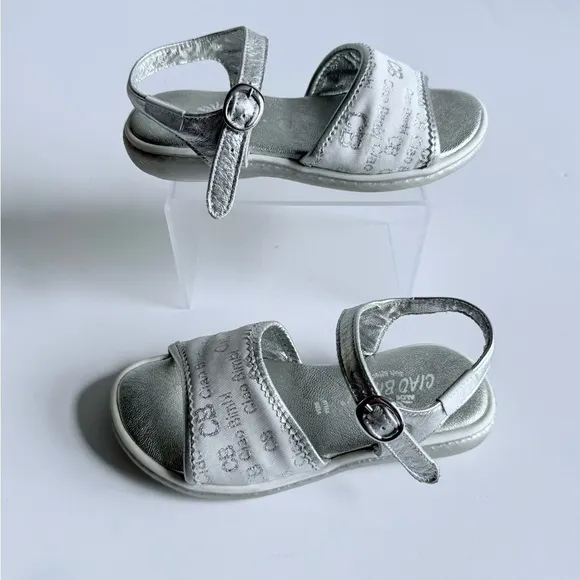 Ciao Bimbi Silver Leather Girls Sandals Size EU 27 CB Logo Straps Buckle Italy