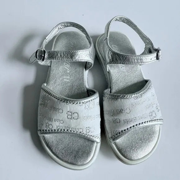 Ciao Bimbi Silver Leather Girls Sandals Size EU 27 CB Logo Straps Buckle Italy
