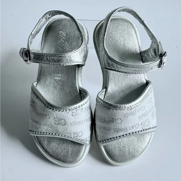 Ciao Bimbi Silver Leather Girls Sandals Size EU 27 CB Logo Straps Buckle Italy
