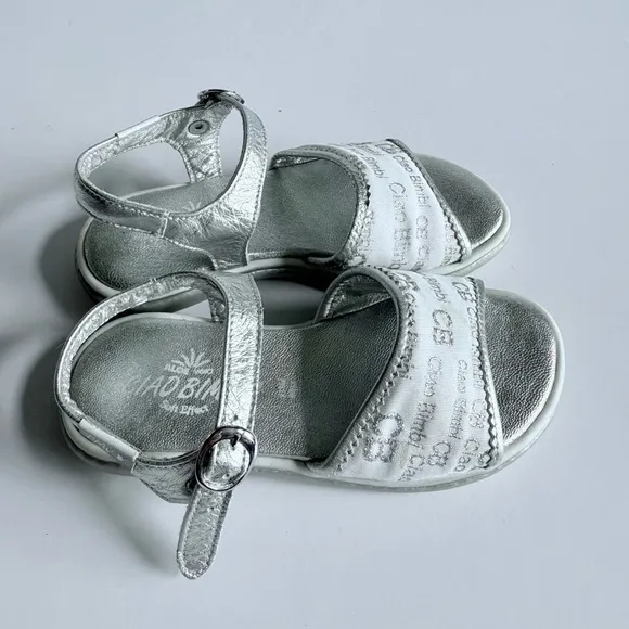 Ciao Bimbi Silver Leather Girls Sandals Size EU 27 CB Logo Straps Buckle Italy