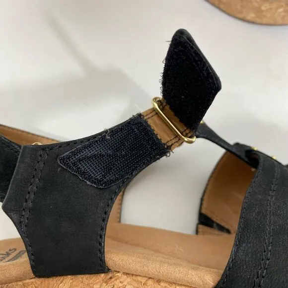 Clarks Annadel Orchid Wedge Sandals Cork Studded Heeled Black Suede 9M