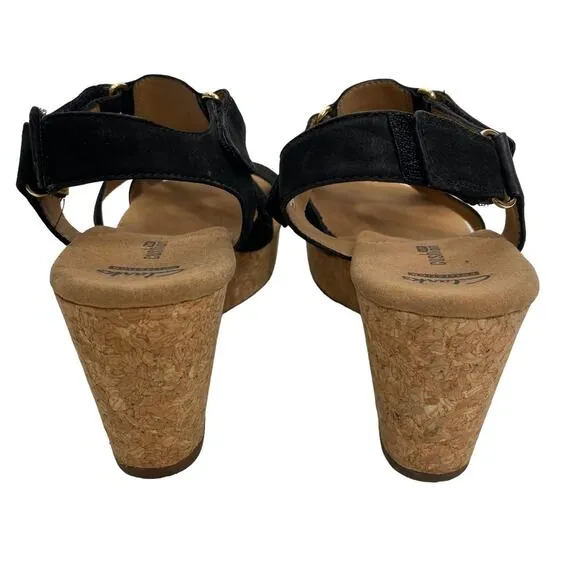 Clarks Annadel Orchid Wedge Sandals Cork Studded Heeled Black Suede 9M