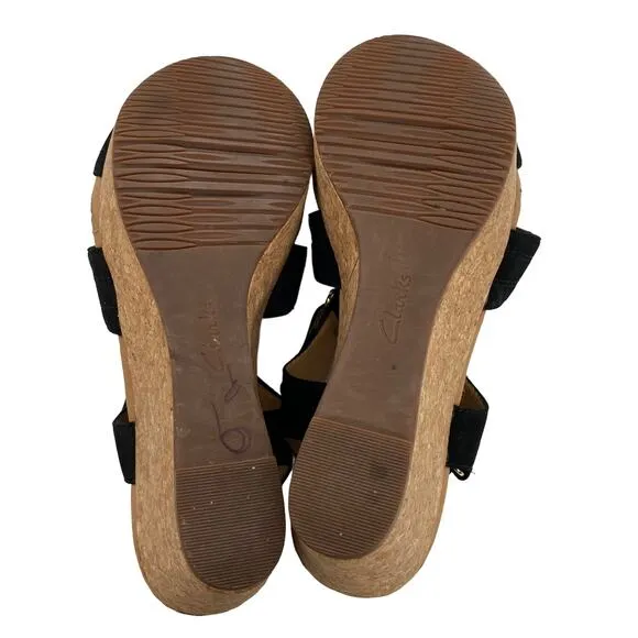 Clarks Annadel Orchid Wedge Sandals Cork Studded Heeled Black Suede 9M