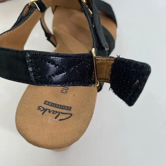 Clarks Annadel Orchid Wedge Sandals Cork Studded Heeled Black Suede 9M