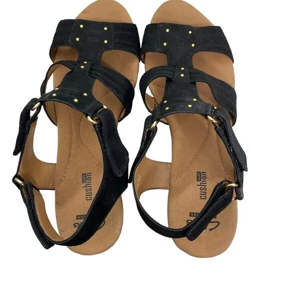 Clarks Annadel Orchid Wedge Sandals Cork Studded Heeled Black Suede 9M