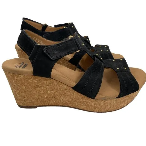 Clarks Annadel Orchid Wedge Sandals Cork Studded Heeled Black Suede 9M