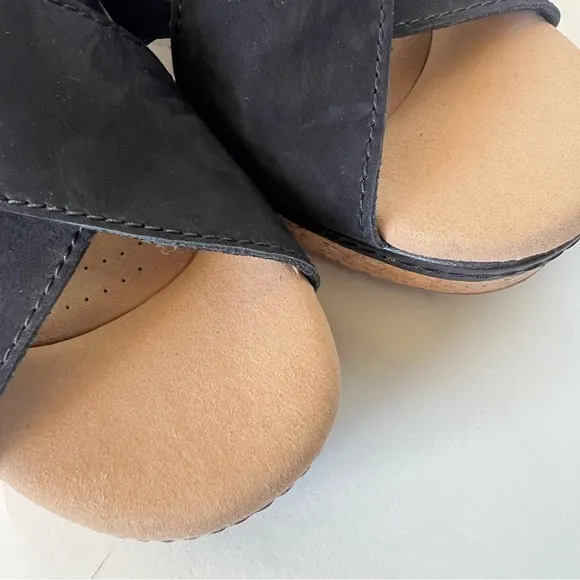 Clarks Gisselle Loop Black Leather Cork Wedge Boho Comfort Sandals Size 9