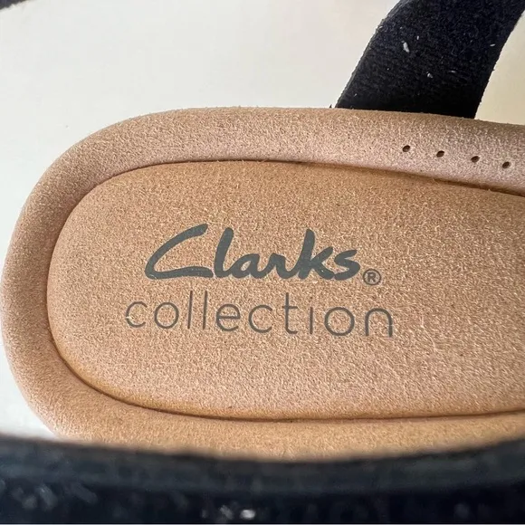 Clarks Gisselle Loop Black Leather Cork Wedge Boho Comfort Sandals Size 9
