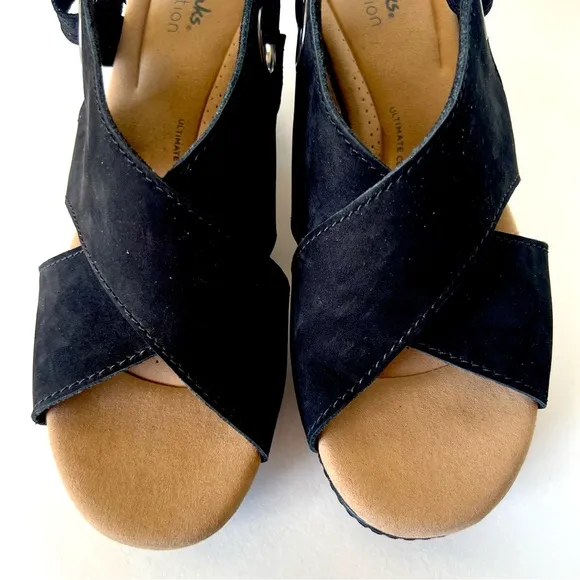 Clarks Gisselle Loop Black Leather Cork Wedge Boho Comfort Sandals Size 9