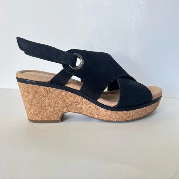 Clarks Gisselle Loop Black Leather Cork Wedge Boho Comfort Sandals Size 9