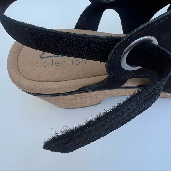 Clarks Gisselle Loop Black Leather Cork Wedge Boho Comfort Sandals Size 9