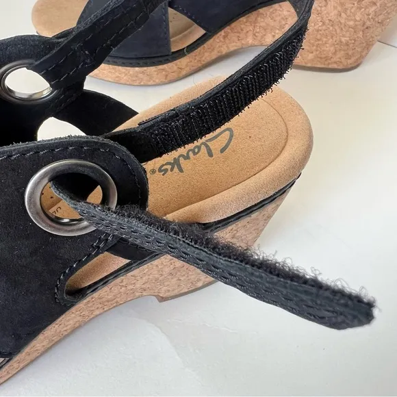 Clarks Gisselle Loop Black Leather Cork Wedge Boho Comfort Sandals Size 9