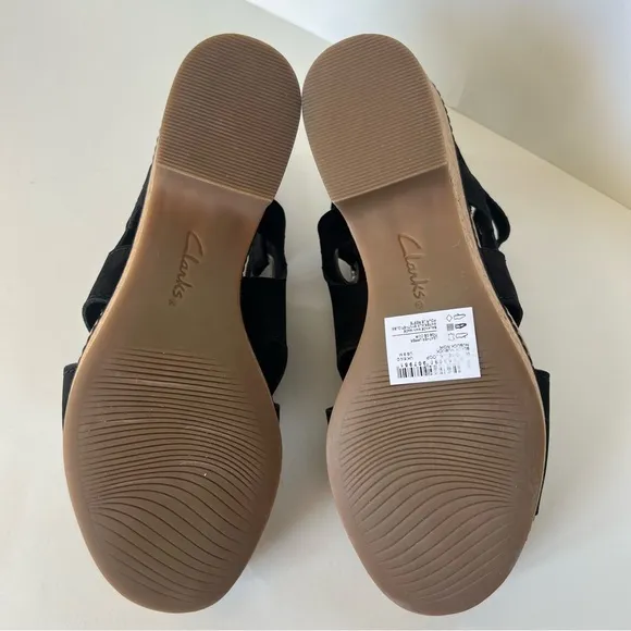 Clarks Gisselle Loop Black Leather Cork Wedge Boho Comfort Sandals Size 9