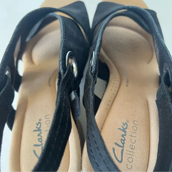 Clarks Gisselle Loop Black Leather Cork Wedge Boho Comfort Sandals Size 9