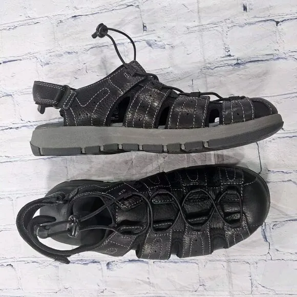 Clarks MENS SIZE 13 Brixby Cove Sandals Black Leather Hiking Fisherman 261 33891