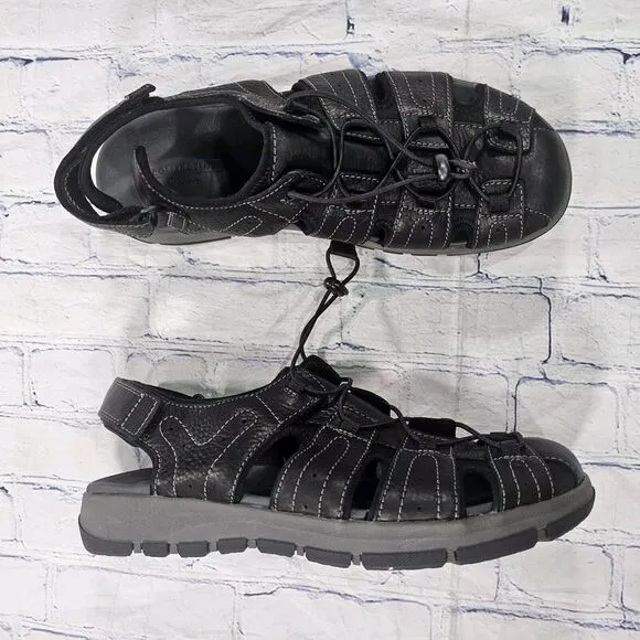 Clarks MENS SIZE 13 Brixby Cove Sandals Black Leather Hiking Fisherman 261 33891