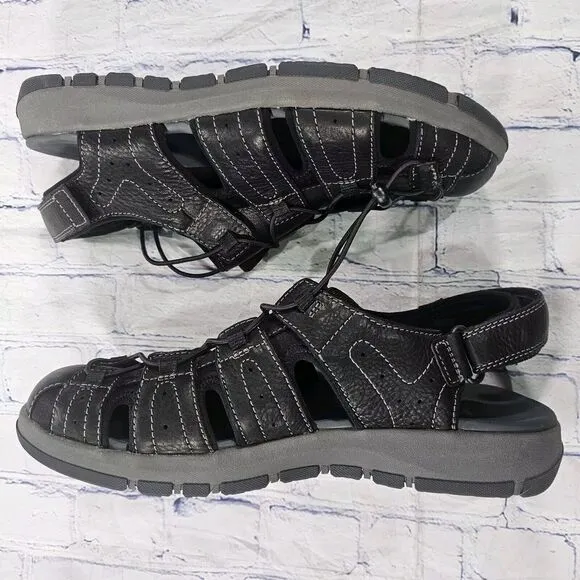 Clarks MENS SIZE 13 Brixby Cove Sandals Black Leather Hiking Fisherman 261 33891