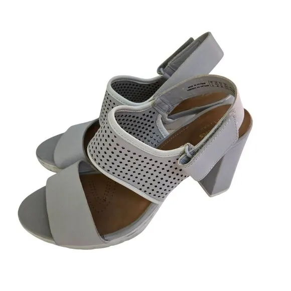 Clarks Pastina Malory Heeled Sandal Gray Leather Hook And Loop Size 9.5M