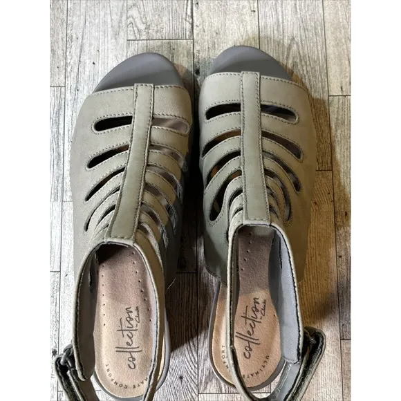 Clarks Sandals Collection Abigail Sing Blush Leather Cutout Wedge 9W Comfort