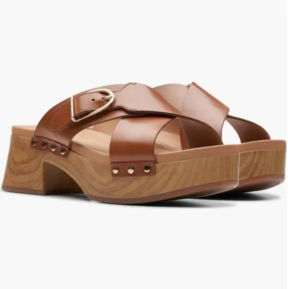 Clarks Sivanne Walk Sandal Leather Tan and Brown Wedge Sandals Womens 9.5