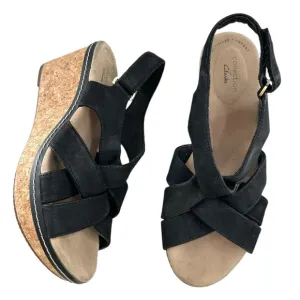 Clarks Un Capri Step Black Leather Cork Wedge Sandals