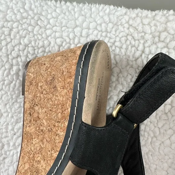 Clarks Un Capri Step Black Leather Cork Wedge Sandals
