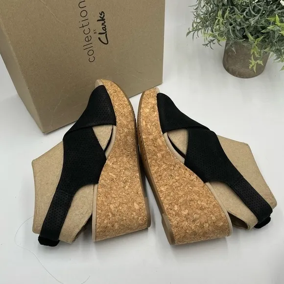 Clarks Women's Annadel Parker Black Suede Cork Wedge Platform Sandal 7.5M New