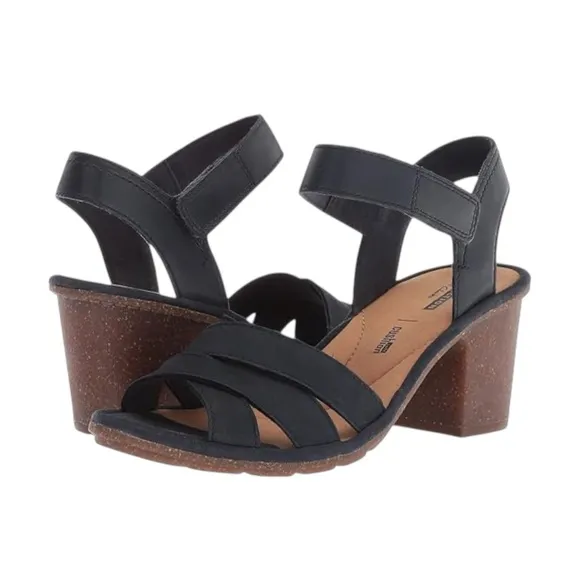 CLARKS Women’s Black Tan Sashlin Jeneva Strappy Comfy Heel Sandals Sz 9.5