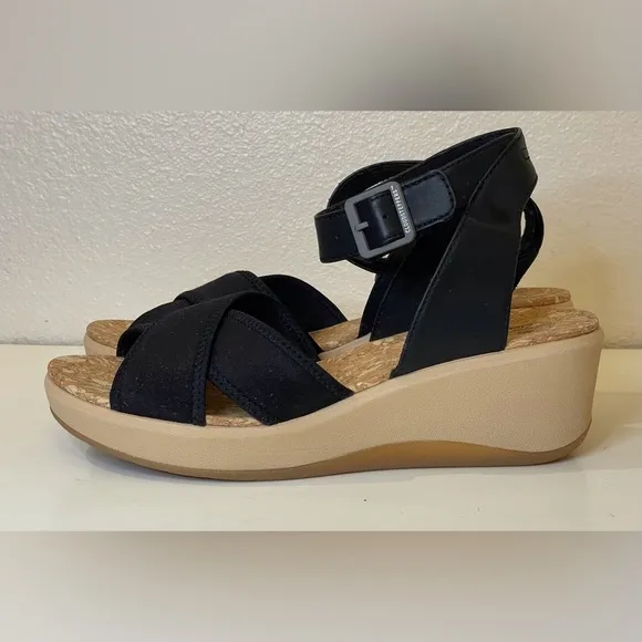 Clarks Women's Step Cali Coast Wedge Black Sandals Size 10 M