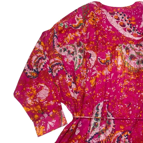 Cleobella Kaftan Organic Cotton Midi Pink Printed Kimono Dress Long sleeve NEW