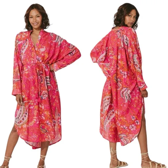 Cleobella Kaftan Organic Cotton Midi Pink Printed Kimono Dress Long sleeve NEW