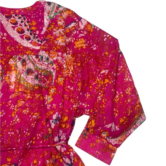 Cleobella Kaftan Organic Cotton Midi Pink Printed Kimono Dress Long sleeve NEW