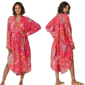 Cleobella Kaftan Organic Cotton Midi Pink Printed Kimono Dress Long sleeve NEW