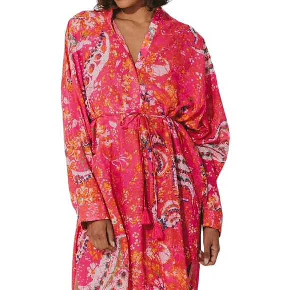 Cleobella Kaftan Organic Cotton Midi Pink Printed Kimono Dress Long sleeve NEW