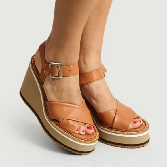 Clergerie Noemie Platform Wedge Sandal Brown Leather Size 37- 7.5 made in France