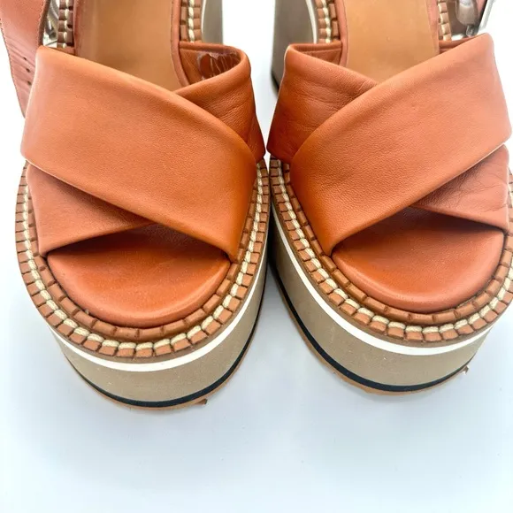Clergerie Noemie Platform Wedge Sandal Brown Leather Size 37- 7.5 made in France
