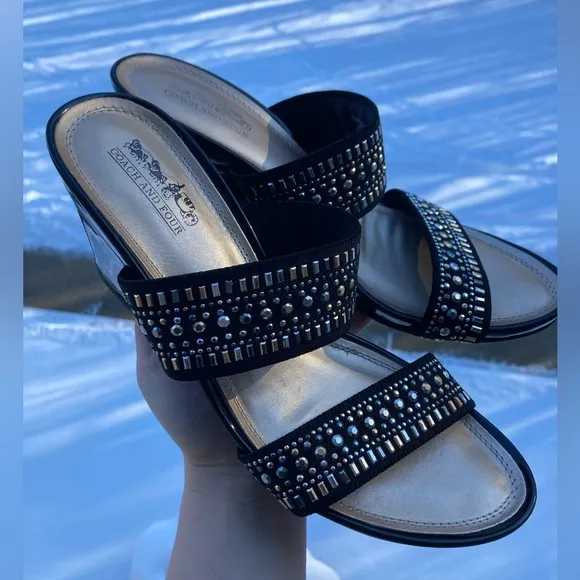 Coach and Four Vander Slip On Black Patent Faux Leather Wedges Metal Studs