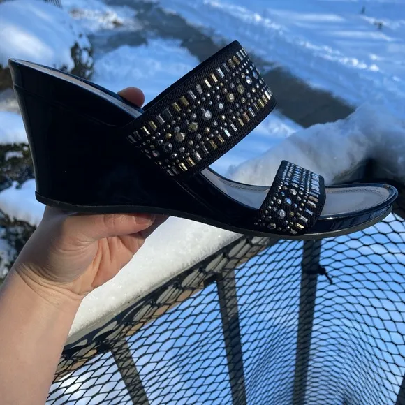Coach and Four Vander Slip On Black Patent Faux Leather Wedges Metal Studs