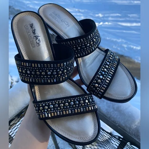 Coach and Four Vander Slip On Black Patent Faux Leather Wedges Metal Studs