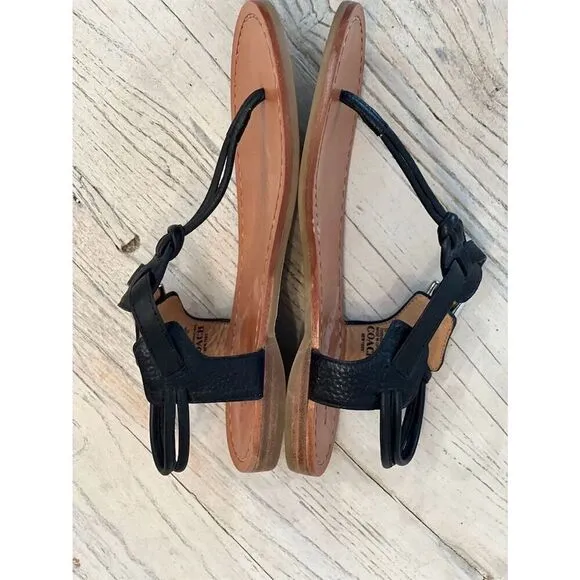 Coach Clarkson T-Strap Leather Sandals Black Women's Size 5 B Adjustable Buckle