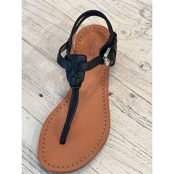 Coach Clarkson T-Strap Leather Sandals Black Women's Size 5 B Adjustable Buckle