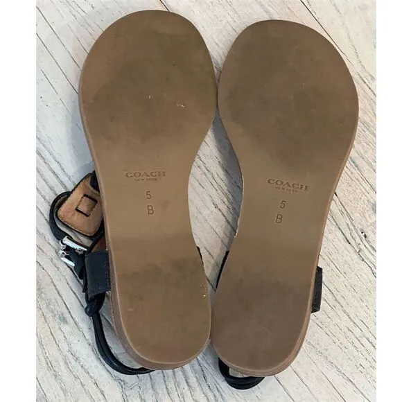 Coach Clarkson T-Strap Leather Sandals Black Women's Size 5 B Adjustable Buckle