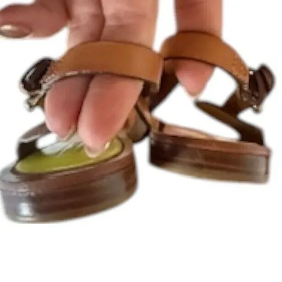 Coach Coco Vachetta Brown Sandals Thong Neon Yellow Straps‎ Y2k 8.5