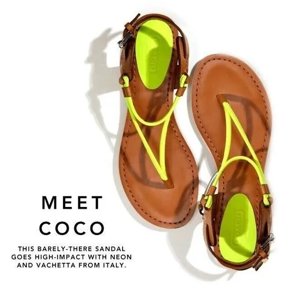 Coach Coco Vachetta Brown Sandals Thong Neon Yellow Straps‎ Y2k 8.5
