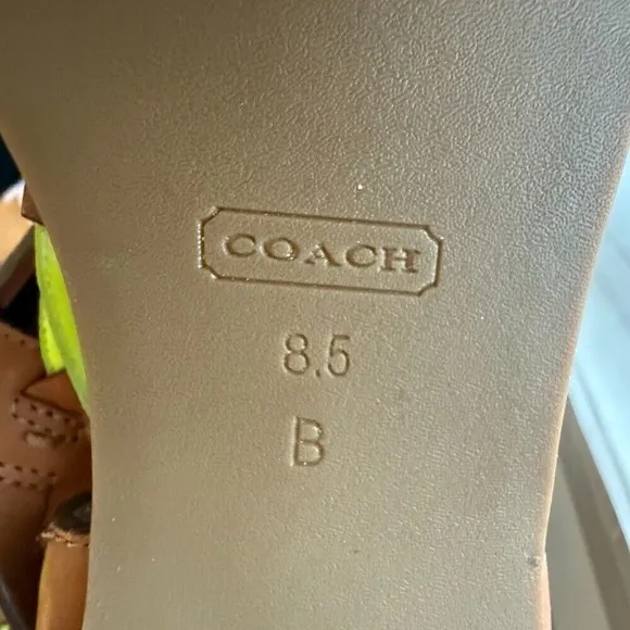 Coach Coco Vachetta Brown Sandals Thong Neon Yellow Straps‎ Y2k 8.5