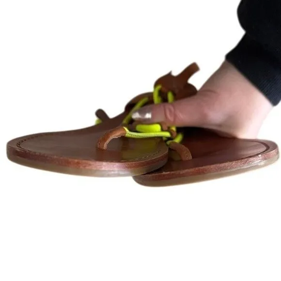 Coach Coco Vachetta Brown Sandals Thong Neon Yellow Straps‎ Y2k 8.5