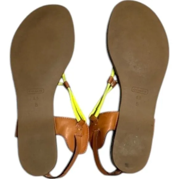 Coach Coco Vachetta Brown Sandals Thong Neon Yellow Straps‎ Y2k 8.5