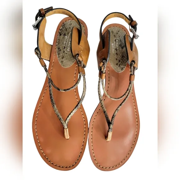 Coach Women's Natural/Ginger Leather Snakeskin Flat Sandals Size 10